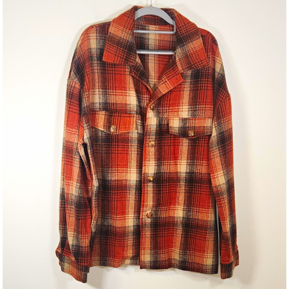 Orange Plaid Button-Up Shacket Jacket Collared Pockets 2XL